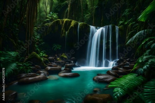 A dreamy image of a waterfall nestled within a lush tropical rainforest