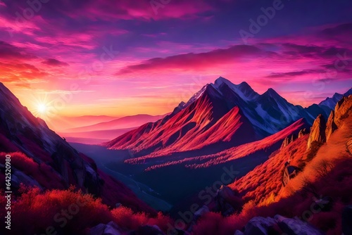 A dramatic mountain sunset, where the sky is painted with vibrant shades of orange, pink, and purple