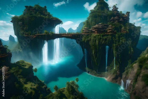 A fantastical floating island with waterfalls cascading into the abyss below