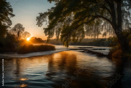 A flow of water in river the scene capture from the between of tree bracnhes in evening sunset