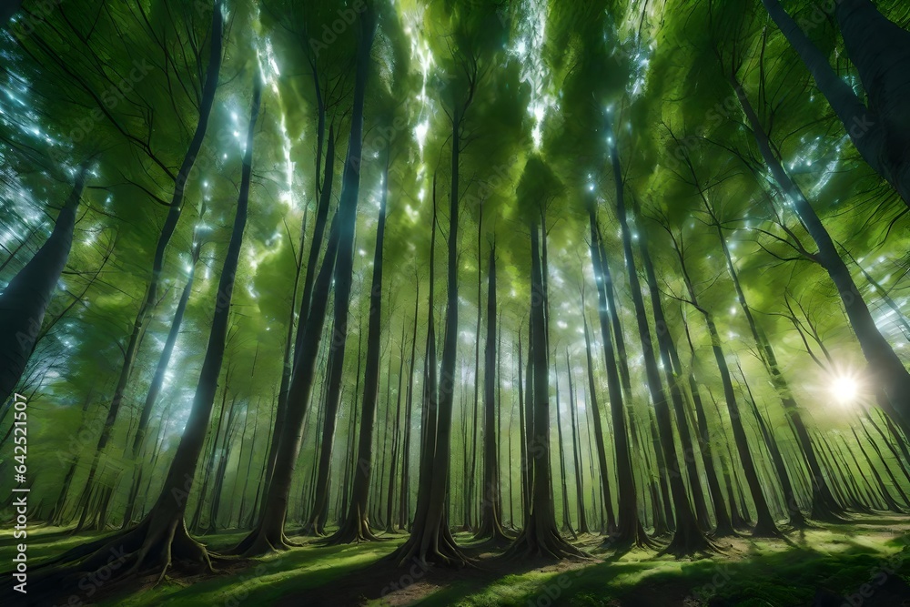 A forest of upside-down trees with roots reaching for the sky
