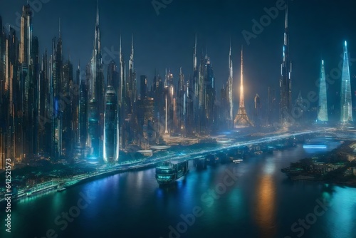 A futuristic city with holographic lights and levitating vehicles