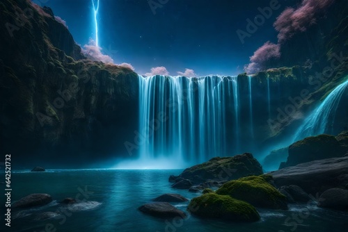 A galaxy-themed waterfall cascading into an alien landscape