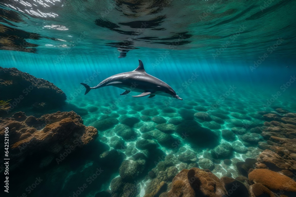 A hidden bay with transparent water and a pod of dolphins frolicking