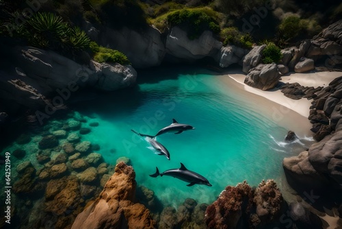 A hidden bay with transparent water and a pod of dolphins frolicking