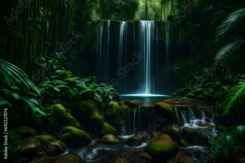A hidden jungle waterfall accessible only through a portal