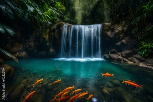A hidden waterfall with a plunge pool of transparent water and a school of fish swirling beneath