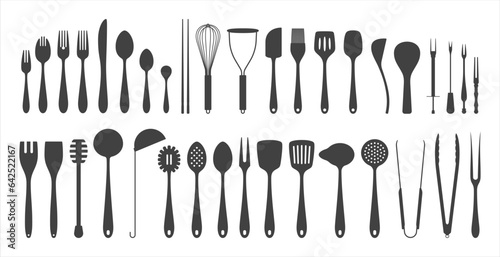 Cutlery set. Kitchenware silhouette on white. Vector illustration
