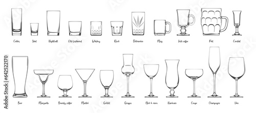 Glass and wineglass set. Different types of glasses and wineglasses on white. Vector illustration