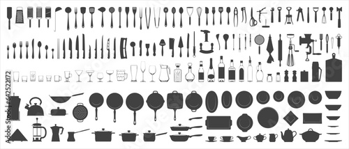Cutlery and kitchen utensils set. Kitchenware silhouette on white. Vector illustration