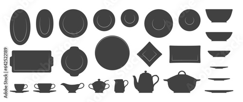 Kitchenware set. Silhouettes of plates cups and other on white. Vector illustration