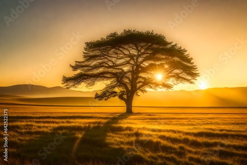 A lone tree on a vast meadow  under a golden sunset sky