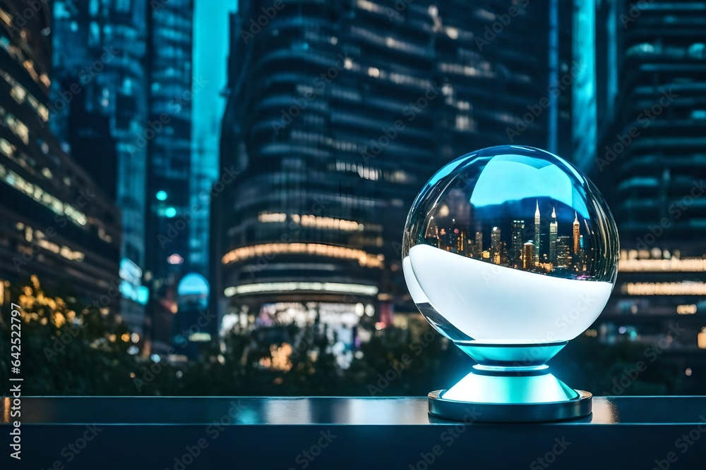 In a futuristic setting, a white crystal ball levitates above a gleaming metallic pedesta. AI Generative