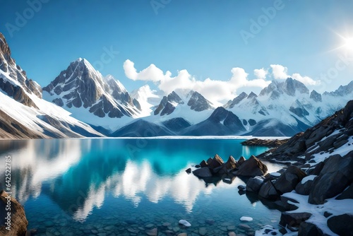 A majestic snow-capped mountain range rising above a serene alpine lake