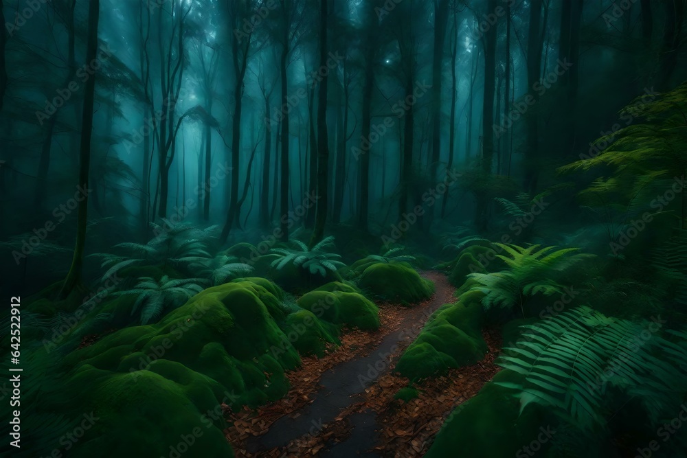 A misty forest scene into an enchanted realm with magical glowing plants