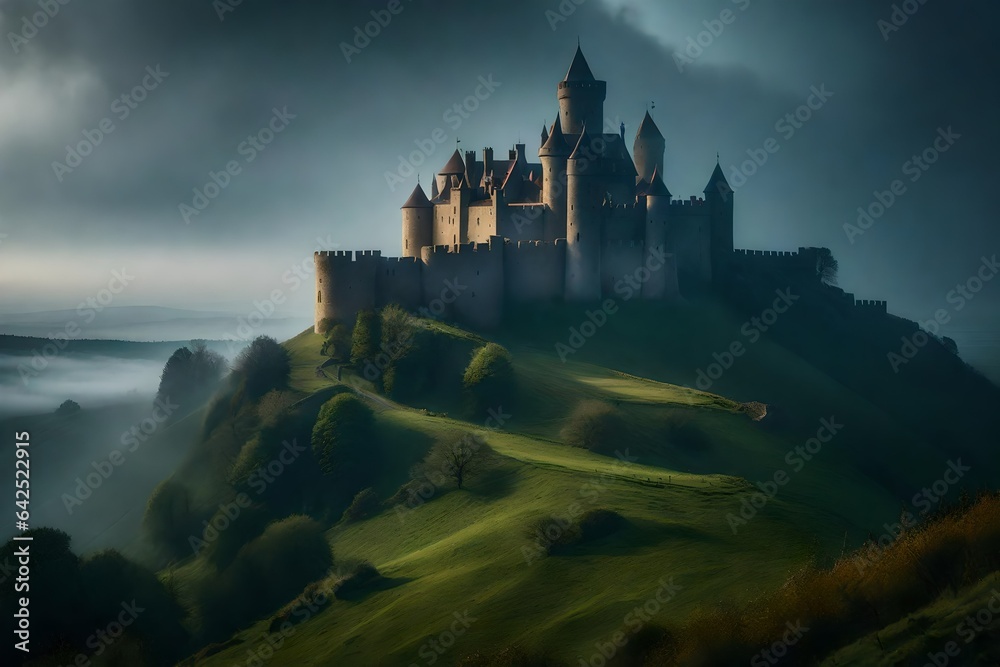 A medieval castle on a misty hilltop