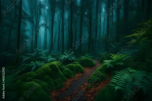 A misty forest scene into an enchanted realm with magical glowing plants