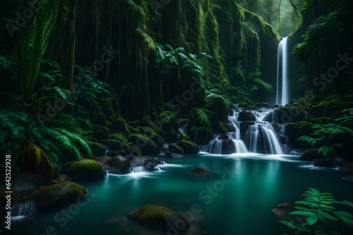 A misty rainforest waterfall hidden within dense foliage © Muhammad