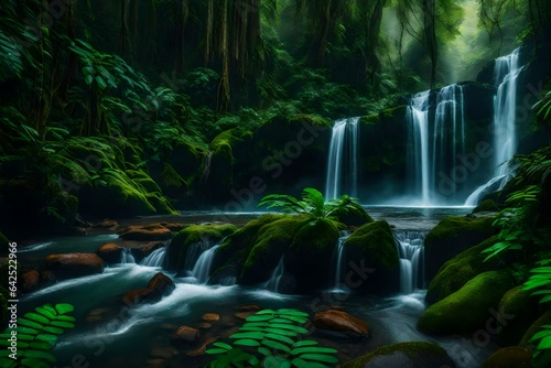 A misty rainforest waterfall hidden within dense foliage