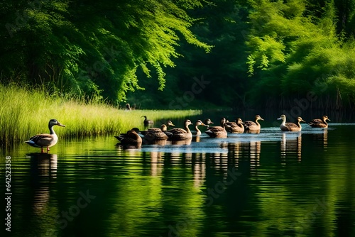 A peaceful backwater with transparent water and a family of ducks paddling along © Muhammad