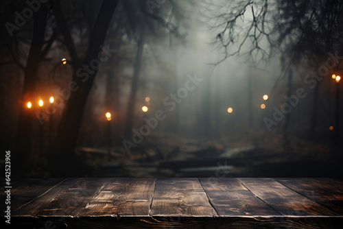 Photo Wooden table on the background of the evening foggy park