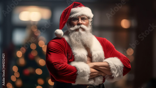 strange abstract santa claus ,muscular older man wears santa claus costume, folded arms, no tshirt underneath, upper body free, at christmas indoor with christmas tree © wetzkaz
