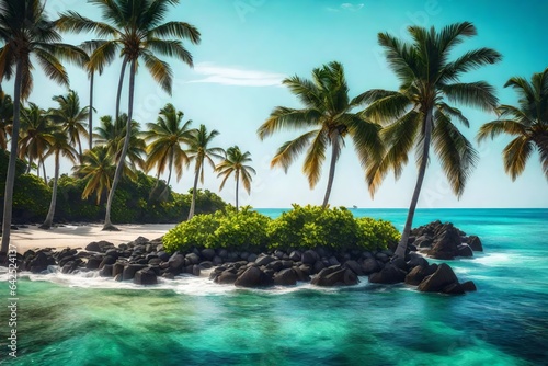 A picturesque setting with palm trees swaying in the sea breeze