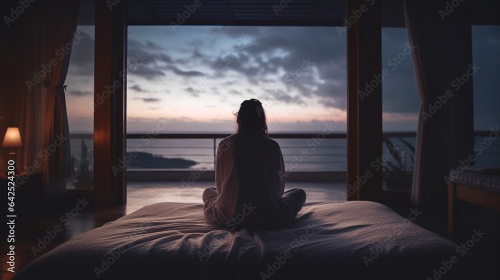 young adult woman, sitting cross-legged in her bed at sunset, lonely and alone, loneliness and sadness, single and solo or worries and problems young adult woman, sitting cross-legged in her bed at sunset, lonely and alone, loneliness and sadness, single and solo or worries and problems