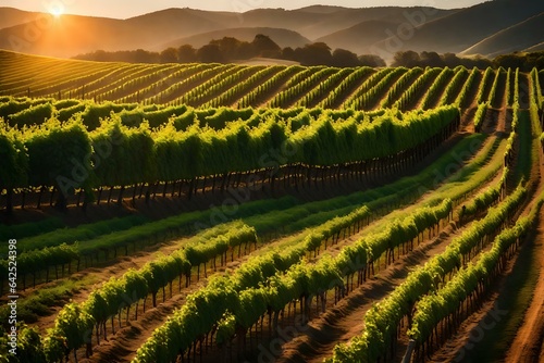 A picturesque vineyard with rows of grapevines at sunset