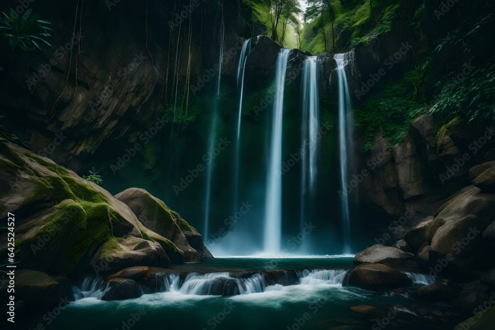 A powerful waterfall cascading down a rocky cliff surrounded by lush vegetation