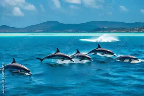 A playful pod of dolphins swimming alongside a boat