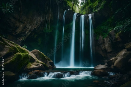 A powerful waterfall cascading down a rocky cliff surrounded by lush vegetation