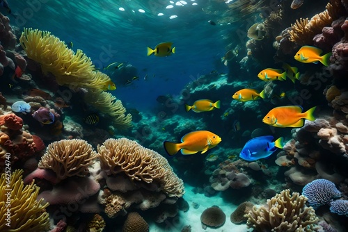 A realistic image of a coral reef teeming with vibrant marine life © Muhammad
