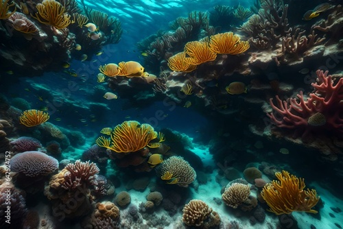 A realistic image of a coral reef teeming with vibrant marine life