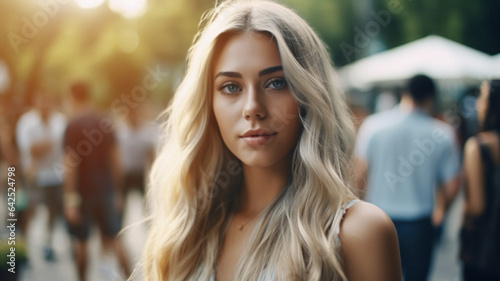 young adult woman, caucasian, blonde, attractive slim, summer temperatures and nice weather, in the afternoon in the city park or outside, fictional place