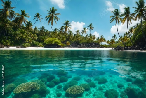 A remote island with a lagoon of transparent water and tropical fish swimming around.