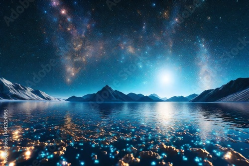 A rendered image of a crystal lake reflecting the universe's constellations