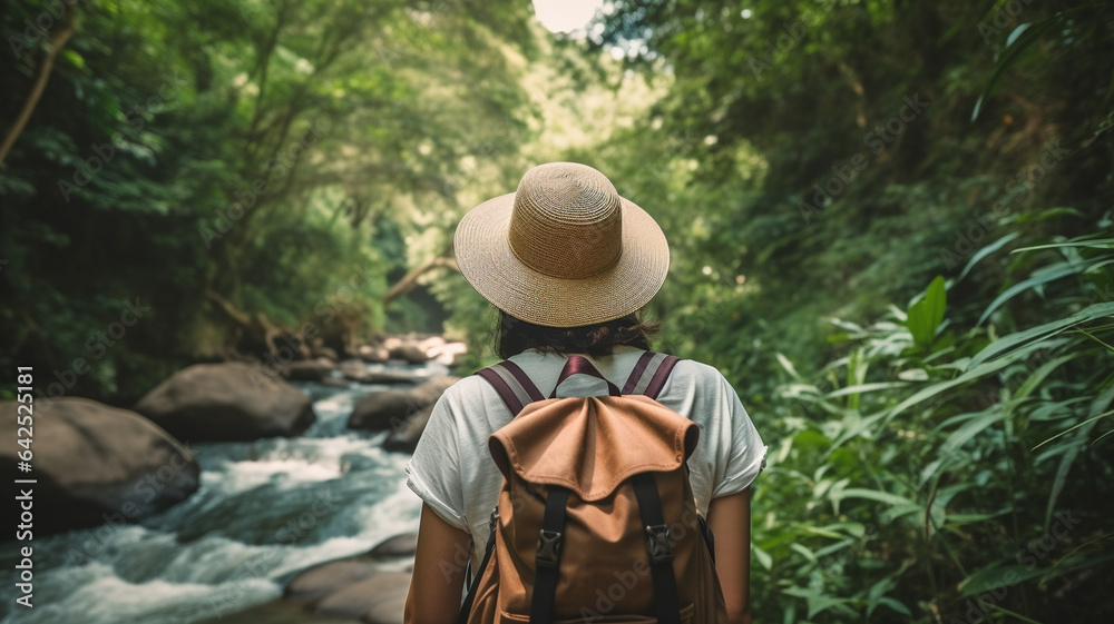 adult woman wears backpack, in deep virgin forest or jungle with palm tree leaves, female adventurer in adventure or tropical vacation, at small waterfall or river, fictional place, caucasian