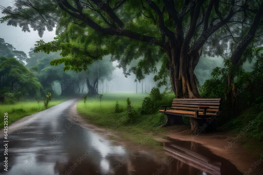 A road side one old bulky and heavy tree have beneath the sitting wooden bench in a rainy season
