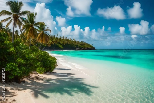 A secluded beach with crystal clear turquoise waters  white sand  and palm trees swaying gently in the tropical breeze