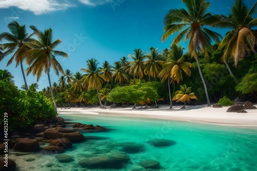 A secluded beach with crystal clear turquoise waters, white sand, and palm trees swaying gently in the tropical breeze © Muhammad