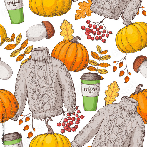 Cozy autumn seamless pattern. Background with pumpkin, autumn leaves, coffee cup, rowan, wool sweater, mushroom. Hand drawn vector illustration.