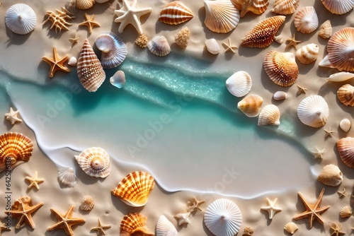 A serene beach into an ethereal paradise with seashells made of stardust