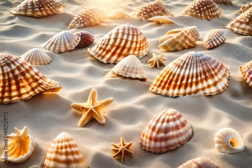 A serene beach into an ethereal paradise with seashells made of stardust