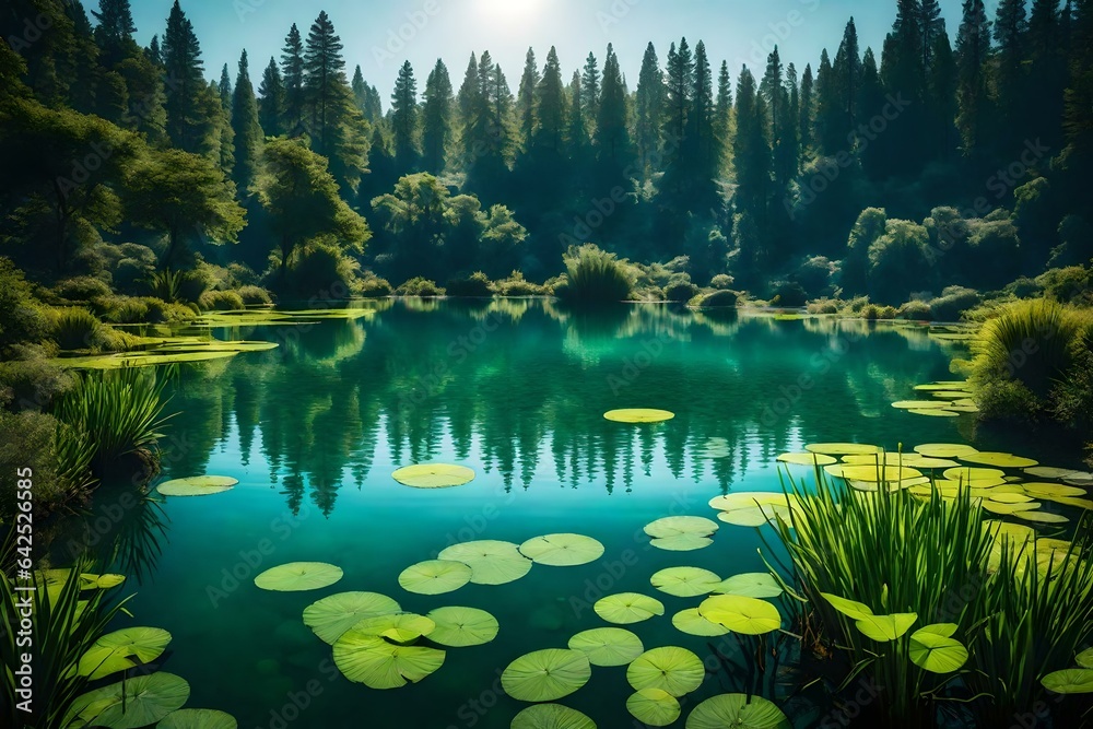 A serene lake with transparent water and a variety of aquatic plants