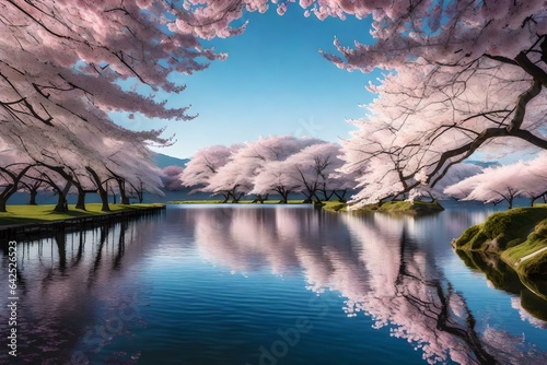 A serene lake surrounded by blooming cherry blossom trees © Muhammad