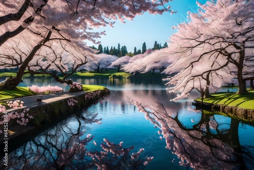 A serene lake surrounded by blooming cherry blossom trees