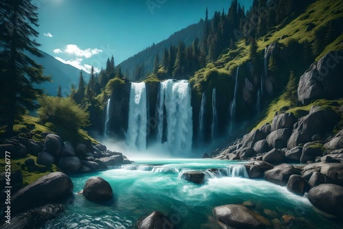 A serene mountain landscape with a waterfall cascading down