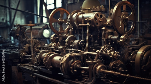 Machine mechanism complexe. Mechanical engine gears cogs robot manufacturing, steampunk pattern science factory funnel steam energy process, vector illustration of engine machinery mechanical.
