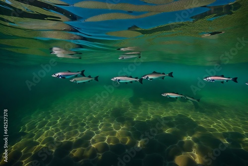 A shallow river with transparent water and a school of salmon swimming in formation